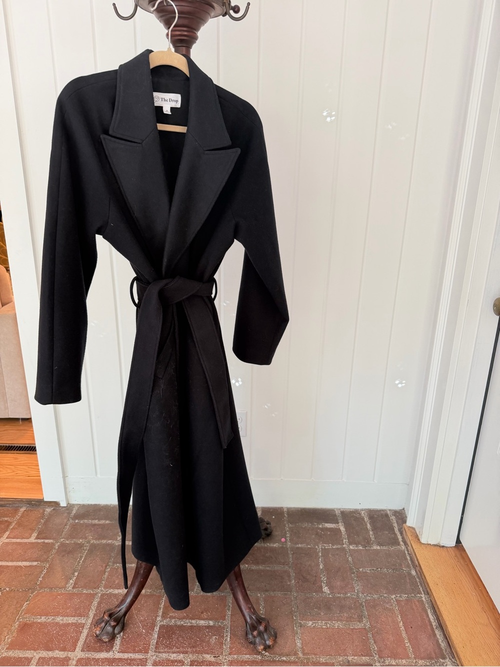 Black Belted Wool-Blend Wrap Dress